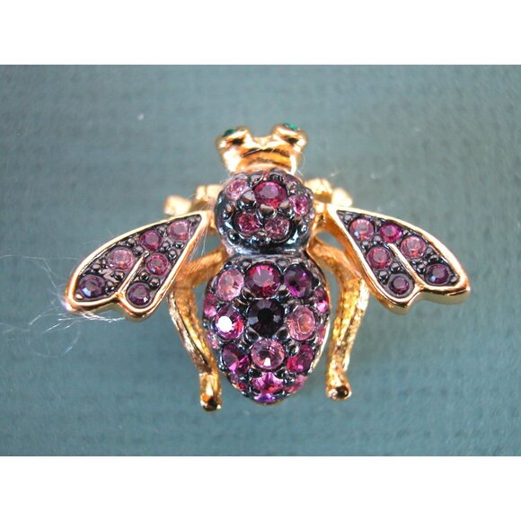 RARE Joan Rivers BEE PIN Bug Brooch Pink Tourmaline w/ Emerald Green Eyes - Picture 1 of 2